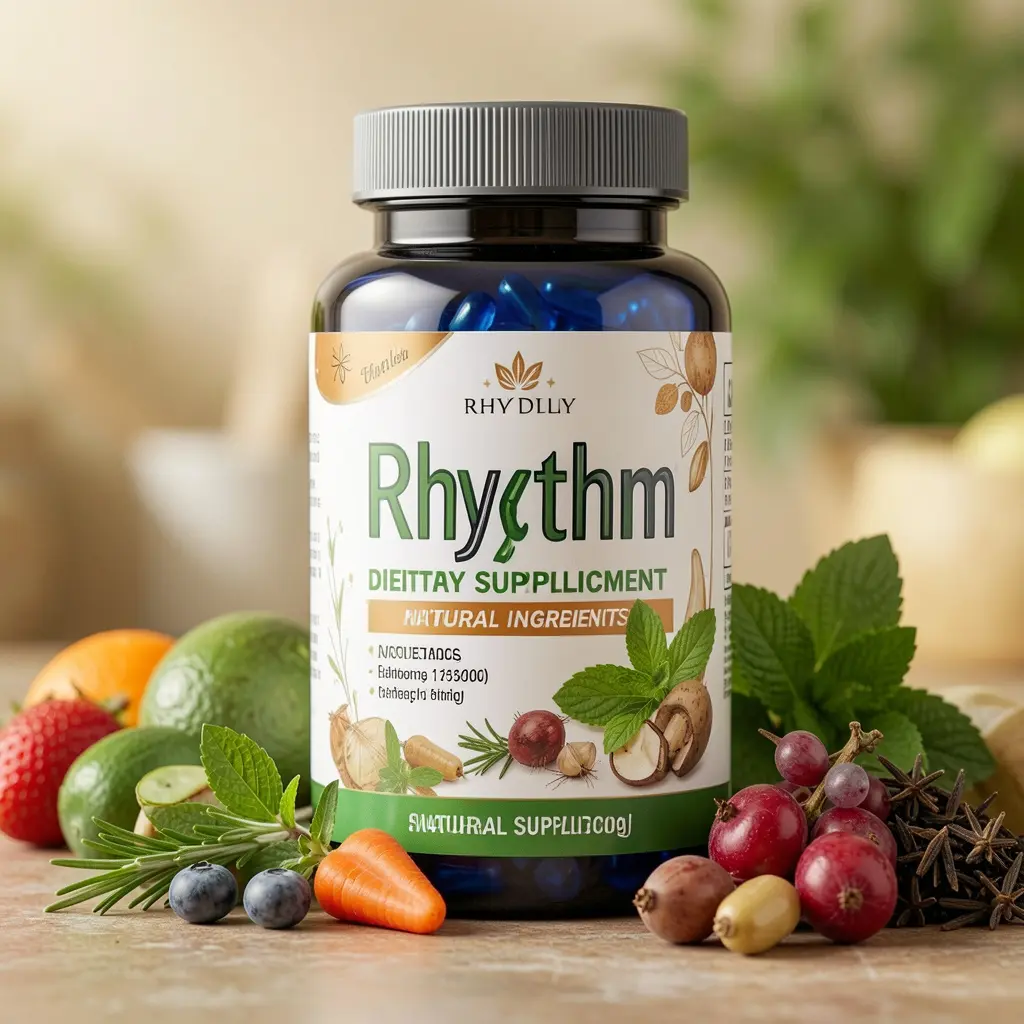 Rhythm dietary supplement bottle with natural ingredients